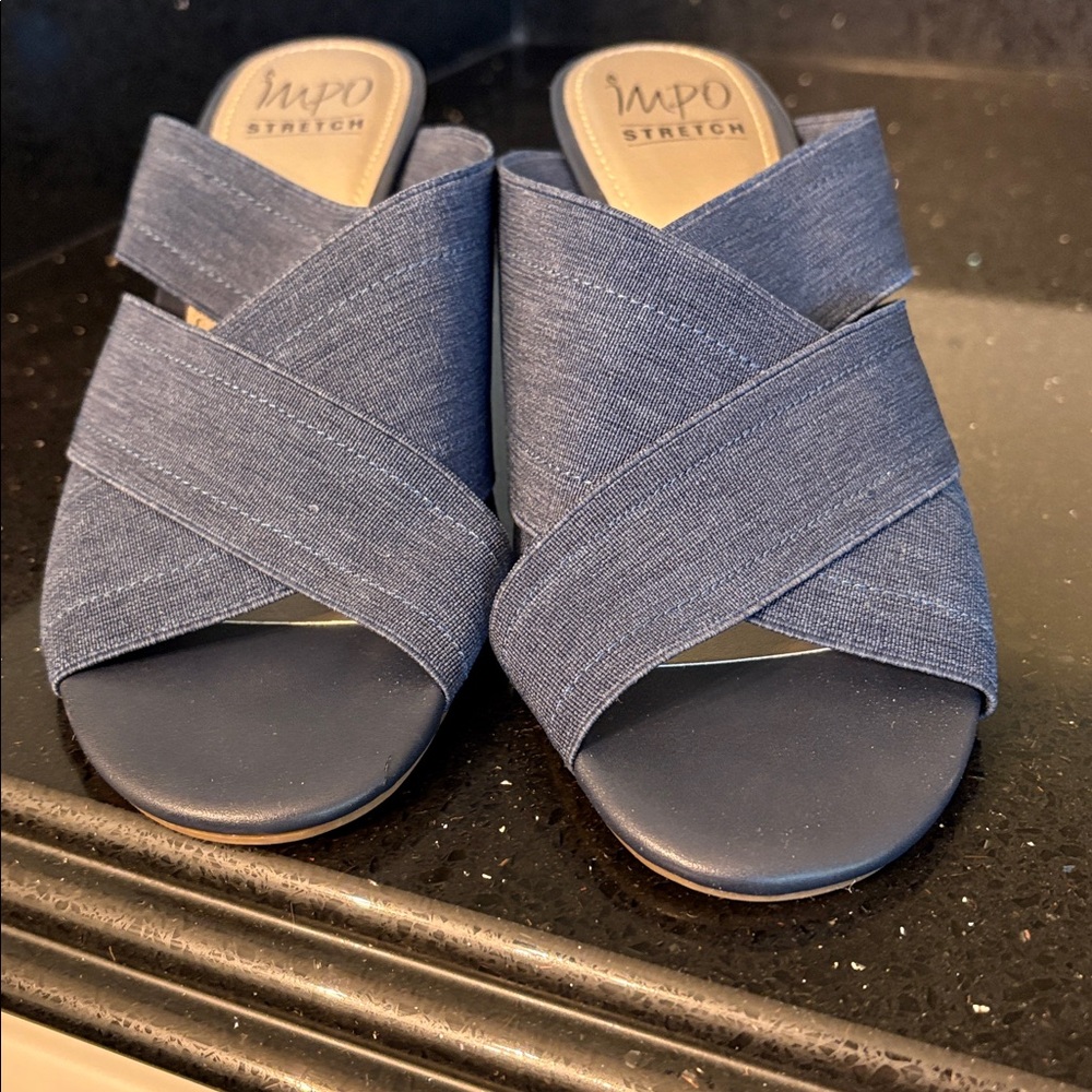 *Impo Denim Blue Stretch Wedges Sandals Mules Slides BOHO Beach Vacation - Picture 7 of 14